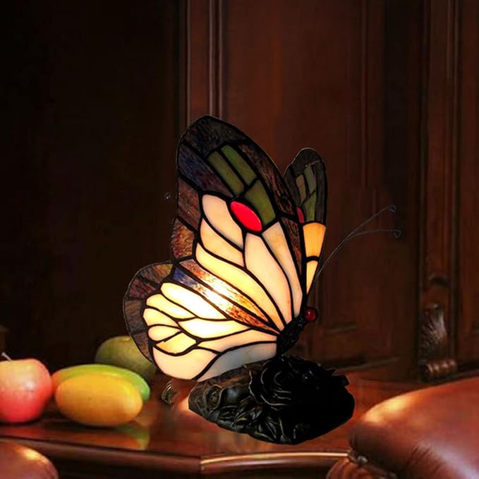 Bedside Table Lamp LED Tiffany Black White Butterfly Nightstand Table Lamps Stained Glass Shade ON Off Switch Home Office Desk Lamp Night Light Girl Grandma Mothers Day Gifts W/Gift Box