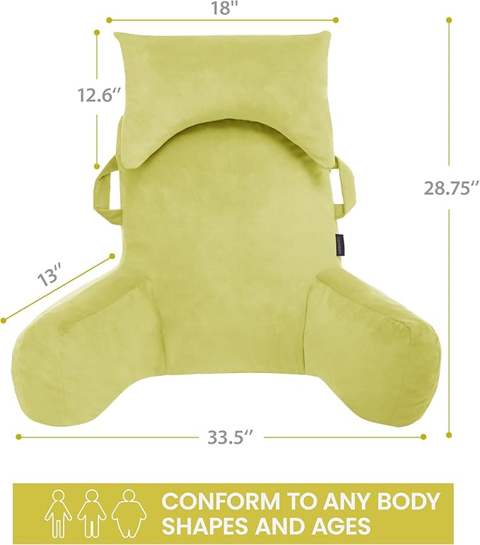 Portable Reading Pillows with Headrest for Bed Sitting Up(Yellow Oeko-Tex), Velvet Back Pillow with Arms & Pockets for Adults, Support Memory Foam Bed Pillow for Dorm/Reading/Watching/Gaming