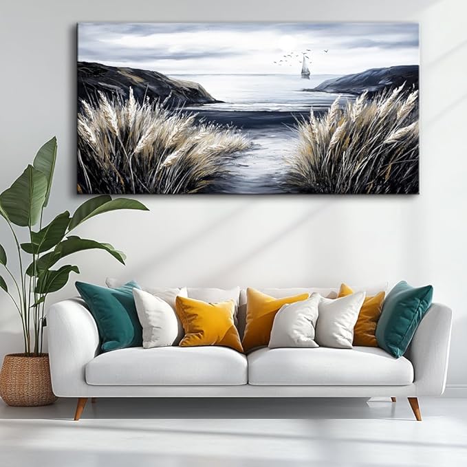 ZESTRILIA Country Beach Coastal Sailboat Wall Art for Living Room Office Black and White Rustic Canvas Painting Prints Vintage Nautical Artwork Dining Bedroom Decor Extra Large (58x28 Inches)