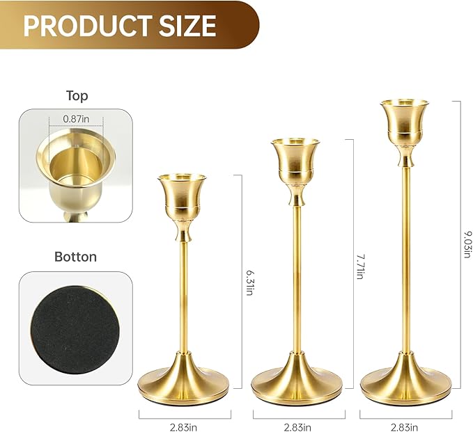 2 Sets(6 Pcs) Candle Stick Holders, Brass Gold Metal Taper Candle Holders, Vintage Modern Decorative Centerpiece Candlestick Holders for Table Mantel Wedding Housewarming Gift
