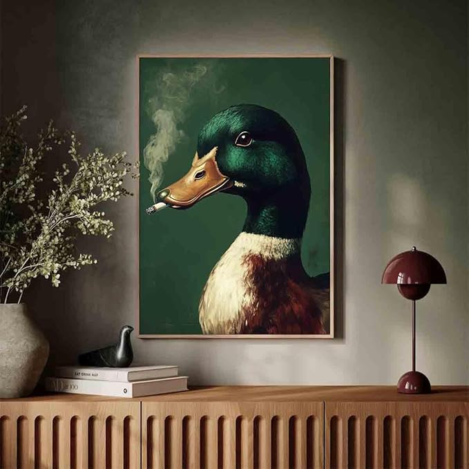 Mostemauo Vintage Mallard Duck Wall Art Whimsical Duck Smoking Cigarette Painting Portrait Animal Prints Funny Animal Smoking Picturemallard Print Retro Green Living Room Decor 16x24inch No Frame