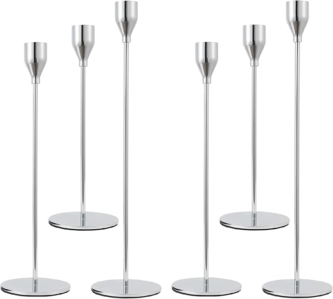 Set of 6 Silver Candlestick Holders Silver Candle Holder Taper Candle Holders Candle Holders Decorative Candlestick Holder for Home Decor, Wedding, Dinning, Party, Anniversary (Silver)