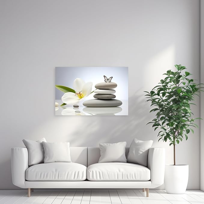 ARTZGX Zen Canvas Wall Art Spa Stones Picture Print Flower and Butterfly Painting Meditation Artwork Bathroom Yoga Decor Frame(Zen Flower - C 28.00" x 42.00")