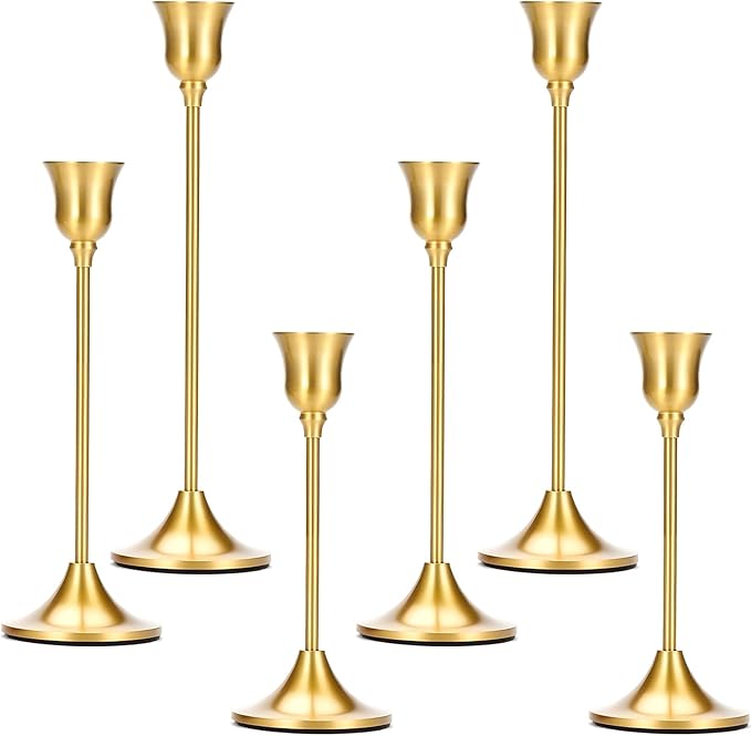 2 Sets(6 Pcs) Candle Stick Holders, Brass Gold Metal Taper Candle Holders, Vintage Modern Decorative Centerpiece Candlestick Holders for Table Mantel Wedding Housewarming Gift
