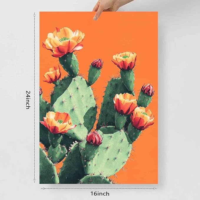 Vintage Cactus Posters Tropical Plants Wall Art Pink Floral Painting Floral Aesthetic Prints Western Desert Print Desert Botanical Prints orange and green flower wall art room decor 16x24inch no frame
