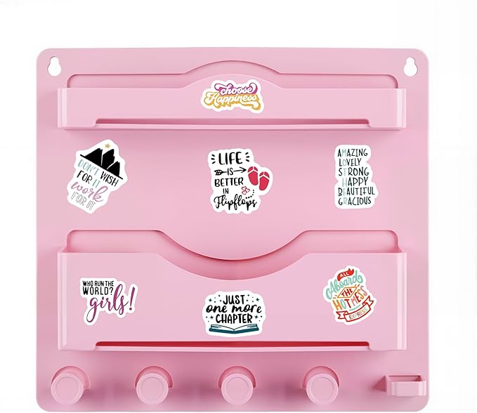 JUMEIHUI Bedside Shelf Accessories Organizer with Glasses Hooks, Wall Mount Self Stick On, Cute Room Decor Aesthetic, Girls Room Decor with 50 PCS Motivational Text Graffiti Stickers (Pink)