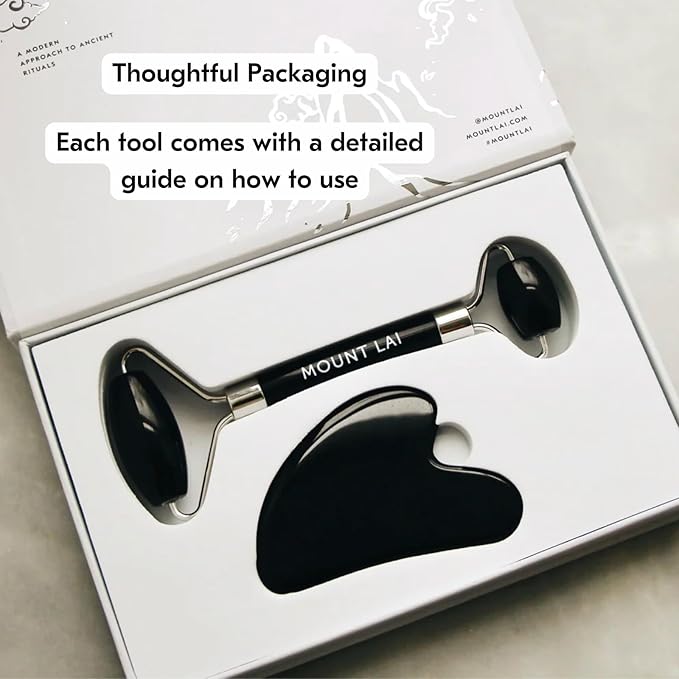 Mount Lai Obsidian Gua Sha Facial Tools, Black Obsidian Gua Sha Facial Tools Set and Roller, Guasha Tool for Face to Relieve Muscle Tension and Reduce Puffiness, Anti Aging Skin Care Sets for Women