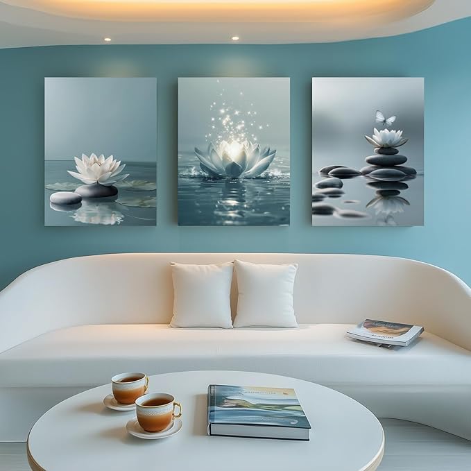 GELDSTEI Calm Zen Botanical Canvas Wall Art, White Lotus Blooming on Stones in Water Aesthetic Pictures, Yoga Spa Meditation Room Decor, Modern Spiritual Poster Prints for Zen Office Framed 12"x16"x3
