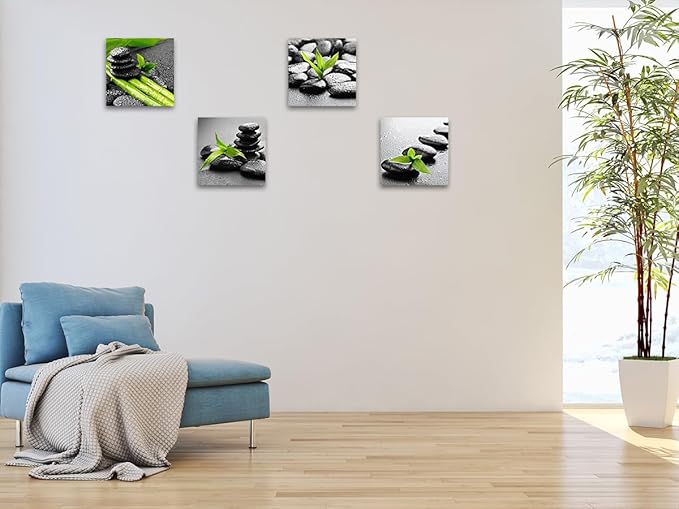 Biufo Zen Stones Canvas Wall Art Pictures Relaxed Print Artwork for Bathroom Yoga Spa Room Decor (Black, 12"x12"-4Pcs)