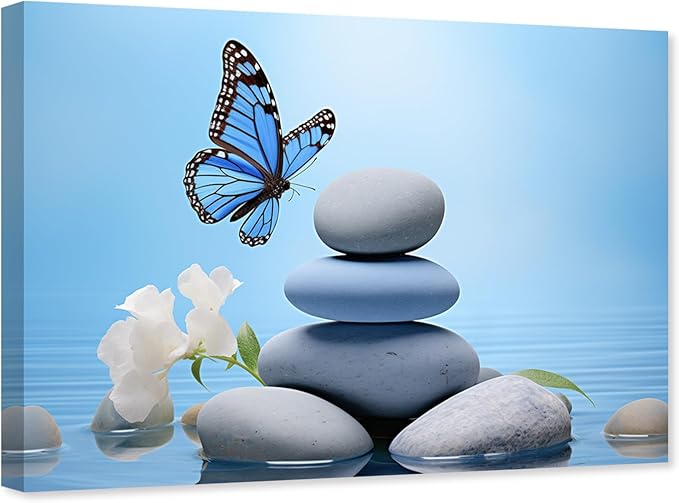 ARTZGX Zen Wall Art for Bathroom Zen Stone Picture Blue Butterfly Painting Still Life Artwork for Yoga Room Decor Frame(Zen - C 20.00" x 30.00")