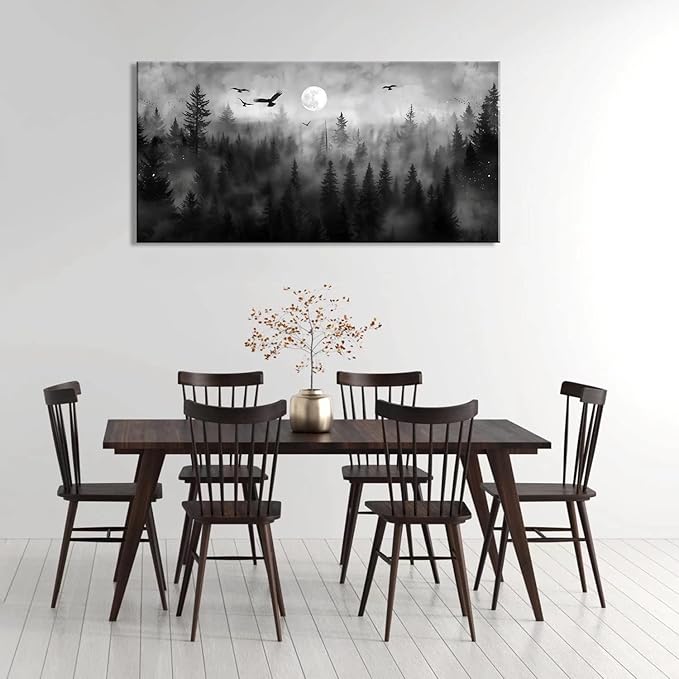 ZESTRILIA Forest Wall Art Black & White Moon Night Retro Canvas Prints Modern Rustic Paintings Nordic Artwork Landscape Picture for Country Farmhouse Living Room Bedroom Home Office Décor (20x40inch)