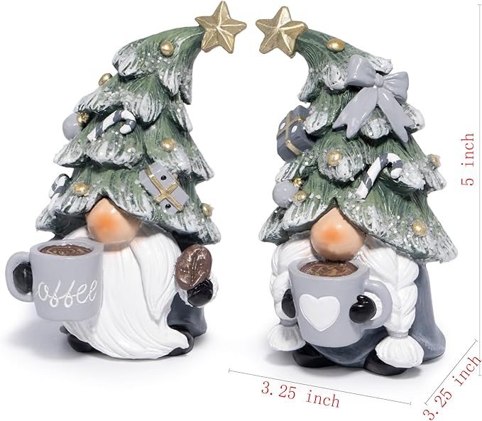 Hodao Christmas Elf Figurines with Tree Hats, Coffee Cup Elves Holiday Table Decorations, Cozy Festive Home Decor Accents for Living Room, Fireplace Mantel, Dining Table (Grey)