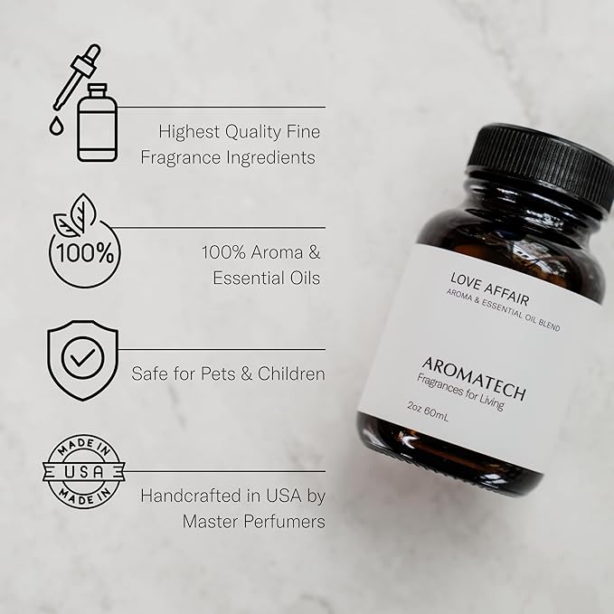 AromaTech Love Affair Aroma Essential Oil Blend: Luxury Hotel Inspired Aromatherapy with Jasmine, Saffron, Cedar & Amber for Ultrasonic Diffusers & Nebulizers - 16 fl oz, 500 mL