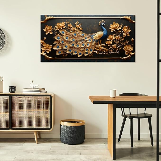 ZESTRILIA Pretty Peacock Wall Art for Living Room Office Gold Country Rustic Retro Asian Canvas Painting Prints Golden Vintage Elegant Peackock Artwork Dining Bedroom Decor Large (46x23 Inches)