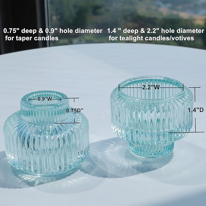 Woho Light Blue Candlesick Holders Set of 4 for Taper Candles, Ribbed Glass Candle Stick Holder Decor for Wedding Table Centerpiece, Reversible Taper Candle Holders Vintage for Baby Shower/Home Decor