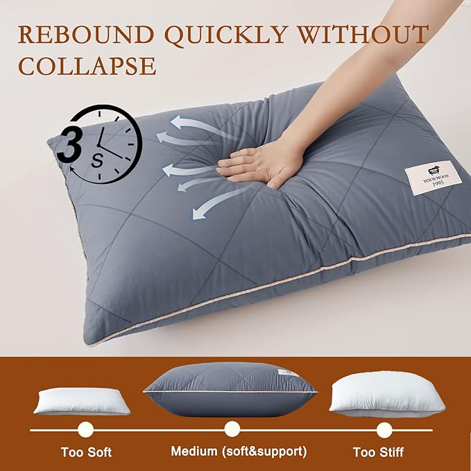 YOUR MOON Organic Wool Pillow Standard Size Set of 2, Soft Support Bed Pillows for Sleeping, Luxury Down Alternative Pillow for Side & Back Sleepers, 100% Cotton Cover, Natural Wool Filling (Gray)