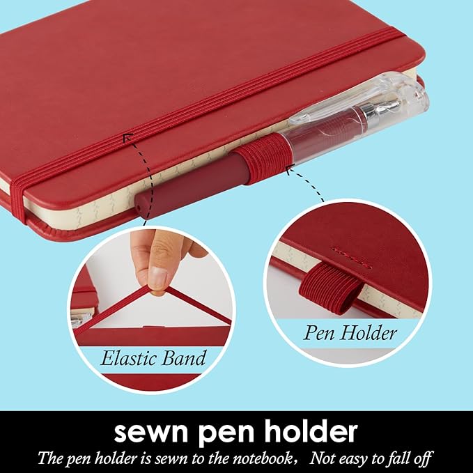 Small Leather Notebook Journal Notepad with Pen for Writing Women, Mini Pocket Small Notepad Lined Address Note Book Note Pads for Work Travel, Red Waterproof Leather Cover Notebook