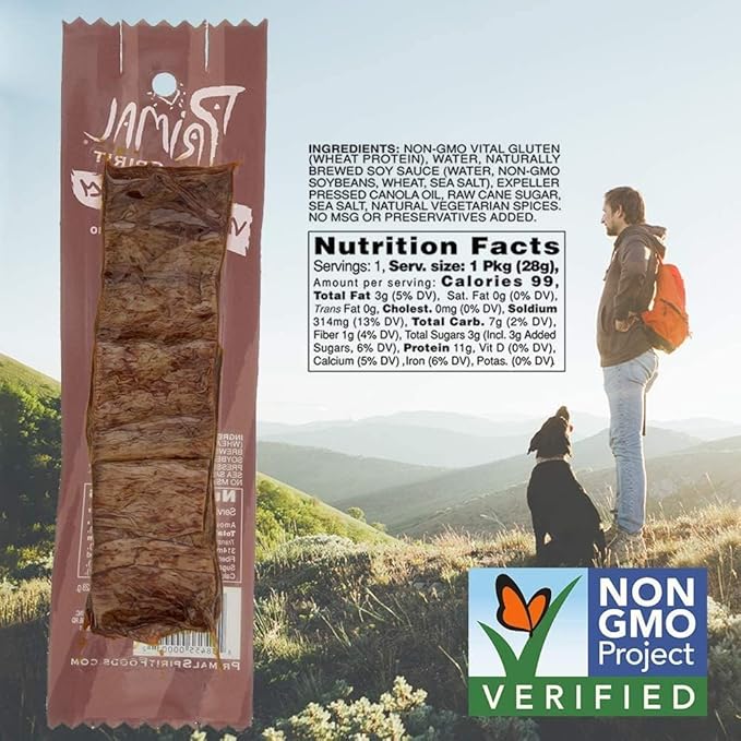 Primal Spirit Vegan Jerky – “Classic Flavor” – Teriyaki, 10 g. Plant Based Protein, Certified Non-GMO, No Preservatives, Sports Friendly Packaging (24 Pack, 1 oz)