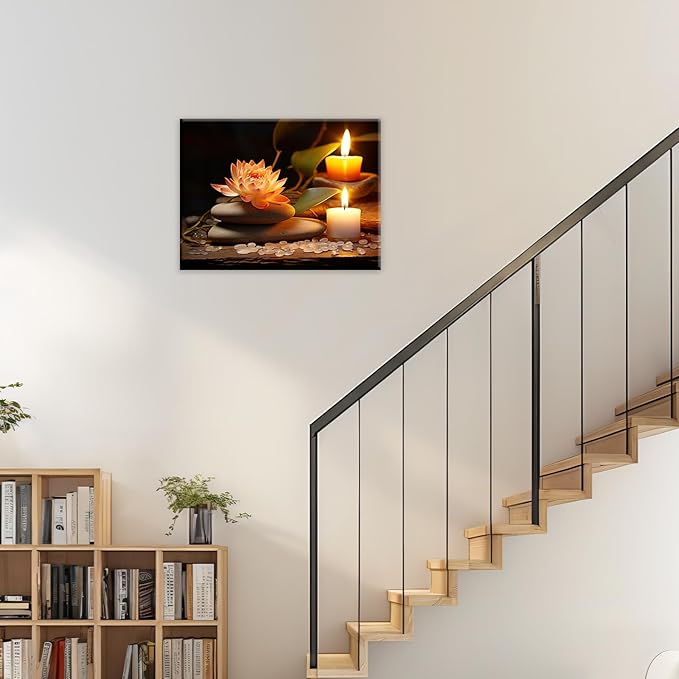 Zen Canvas Wall Art Lotus Flower Stone Painting Framed Spiritual Artwork Meditation Decor for Living Room Bedroom Ready To Hang(Artwork-2,12"x18")