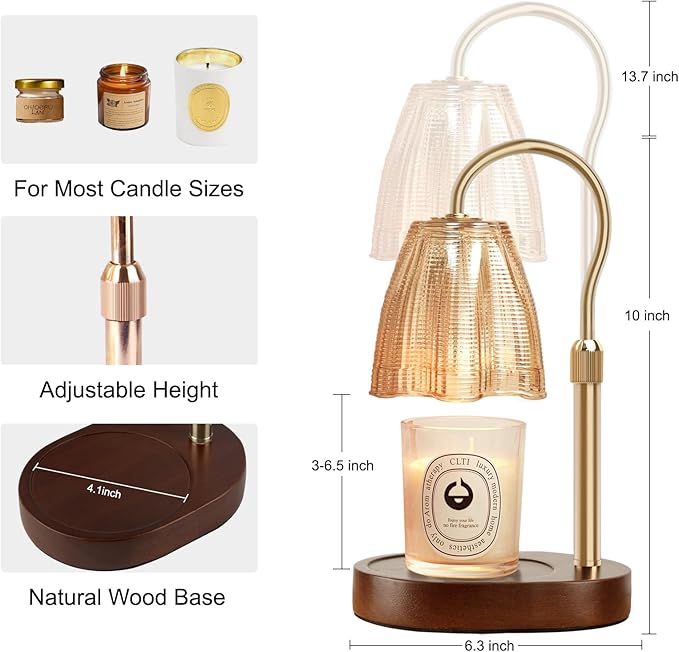 Candle Warmer Lamp with Timer & Dimmer, Candle Warmer Height Adjustable, Fits All Jar Scented Candles, Candle Lamp with 3 Bulbs, Charming Gift Box with Ribbon for Gifting