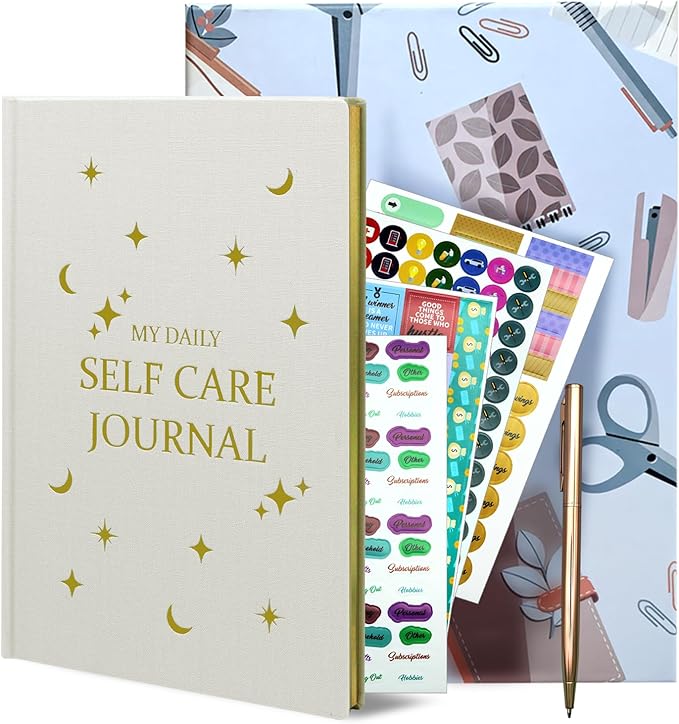 Gratitude Journal, Daily Reflection Journal for More Happiness, Mindfulness & Affirmation, Self Care Journals for Women & Men, 6 Inspirational Stickers and Ballpoint Pen, Beige