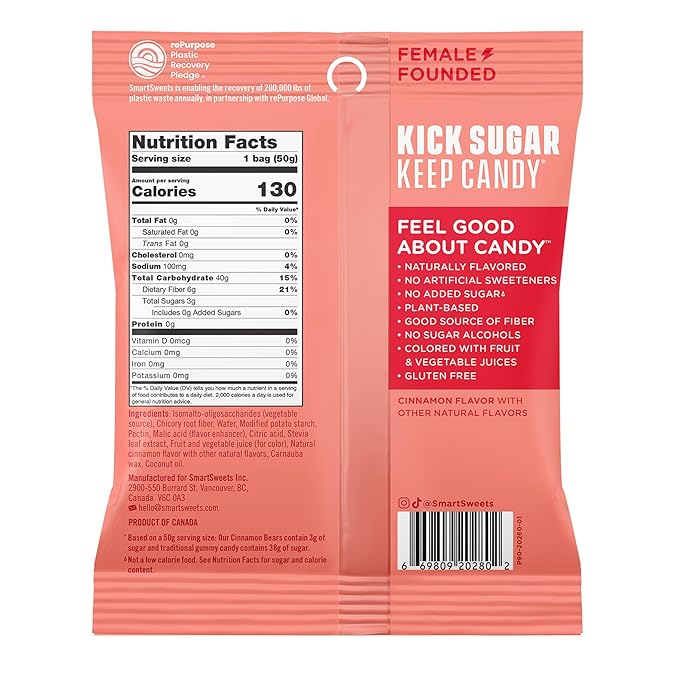 SmartSweets Cinnamon Bears Gummy Candy: 1.8oz (Pack of 14), Gummy Candy with Low Sugar, Low Calorie, No Artificial Sweeteners, Plant-Based, Gluten-Free, Healthy Snack for Kids & Adults