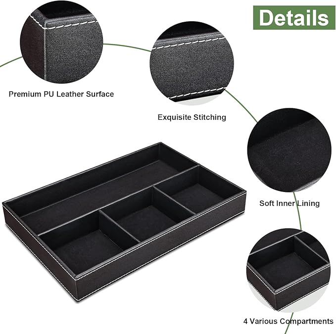 GORESE Faux Leather Valet Tray for Men, Stackable Jewelry Trays Drawer Organizer Tray Nightstand Organizer for Men, EDC Tray for Key, Wallet, Sunglass, Watch, Coin, Phone, Cologne - Black