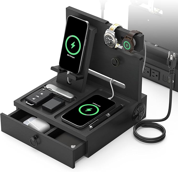 Wood Phone Docking Station with USB Ports and Outlets, Nightstand Organizer with Charging Station, Bedside Organizer with Drawer for Watch & Accessories, Christmas Anniversary Birthday Gifts for Men