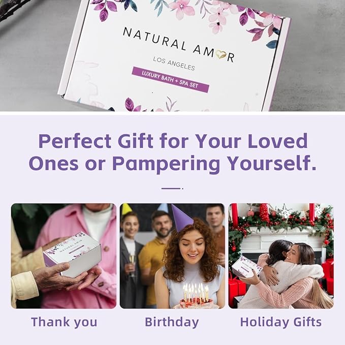 Natural Amor Handmade Spa Gifts for Women, Relaxing 5pcs Spa Gift Set for Women Including Citrus Handmade Soap Bar, Soy Candle, Bath Salt, Bath Bomb