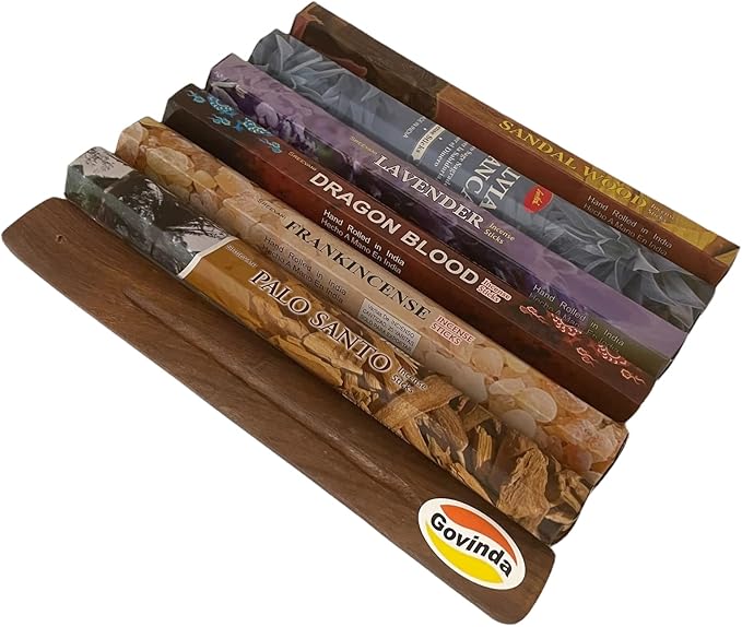 Sreevani Incense Sticks Variety Pack #4 and Incense Stick Holder Bundle Gift Set with 6 Most Popular Fragrances