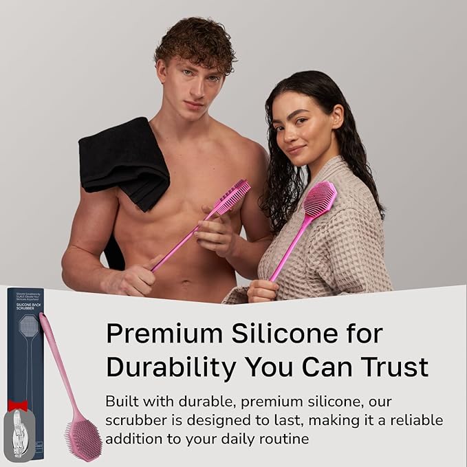 Silicone Back Scrubber with Long Handle - Octagon Body Brush for Shower, Bath, and Exfoliating - Skin Cleansing, Back Scrub and Gentle Silicone Sponge - Wash Your Body with Easy Reach - Pink