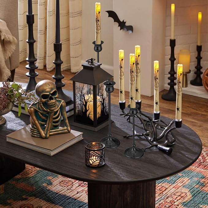 Metal Candle Holder Taper Candlestick Holders for Candle Sticks Vintage Candelabra for Halloween Thanksgiving Christmas (Matt Black, 1 Set (3 pcs))