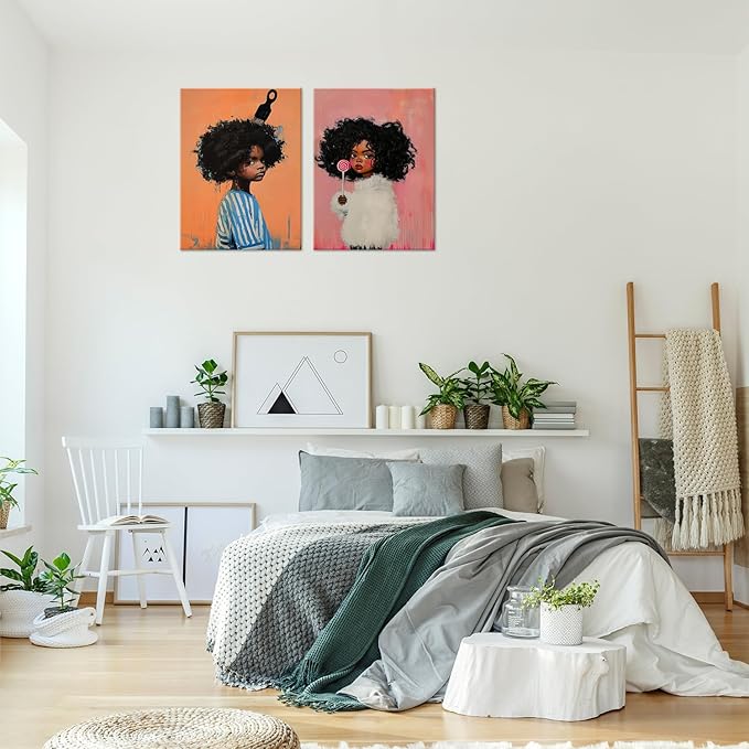 Black Kids Wall Art - Afro American Children Canvas Prints, Modern African American Portrait Paintings for Girls Bedroom, Cute Black Girl Nursery Art, Cultural Wall Decor, Framed16 x 24inches X2piece