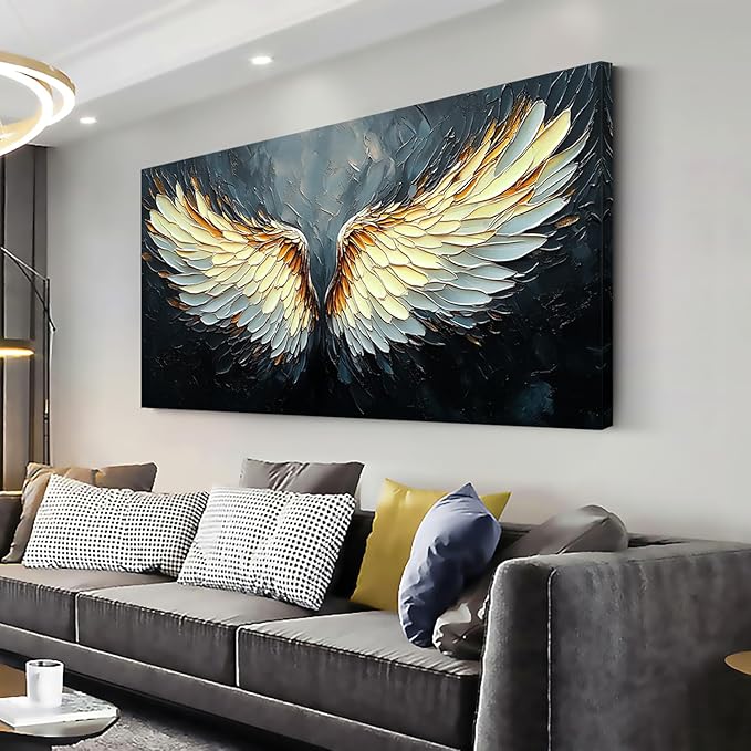 ZESTRILIA Angel Wings Wall Art for Girls Room Gold Gray Canvas Oil Painting Prints Modern Abstract Fantasy Anime Artwork Living Bedroom Office Decor Extra Large (58x28 Inches)