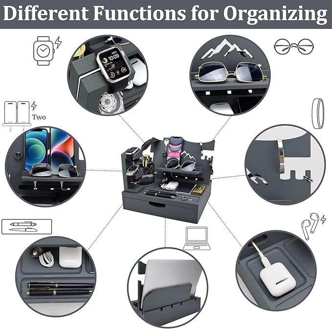 Nightstand Organizer for Men with Large Drawer, Birthday Gifts for Men, Phone Docking Station, Bedside Organizer for Nightstand for Apple Watch, Laptop (Grey, Solid Wood)