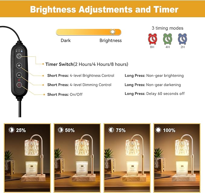 Candle Warmer Lamp, Candle Warmer Light with Timer & Dimmer, Candle Warmer Lamp Adjustable Height, Compatible with Jar Scented Candles, Candle Warming Lamp with 3 Bulbs for Home Decor