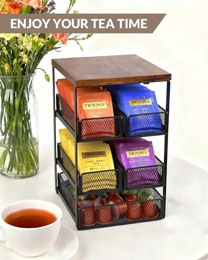 Tea Bag Organizer with 5 Drawers, Wooden & Metal Tea Storage Organizer for TeaBags, Coffee Pods, Creamers & Sugar – Countertop Tea Bag Holder for Coffee Bar and Kitchen, Space-Saving Tea Storage Rack