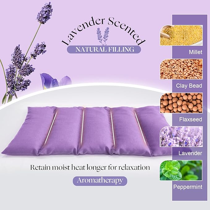 Microwavable Heating Pad with Washable Cover 13x7 Inch Flaxseed Microwave Hot Pack, Lavender Scent, Moist Warm Compress for Relaxation, Non-Electric & Portable
