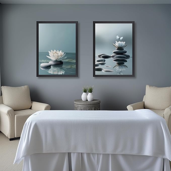 GELDSTEI Calm Zen Botanical Canvas Wall Art, White Lotus Blooming on Stones in Water Aesthetic Pictures, Yoga Spa Meditation Room Decor, Modern Spiritual Poster Prints for Zen Wood Framed 12"x16"x3