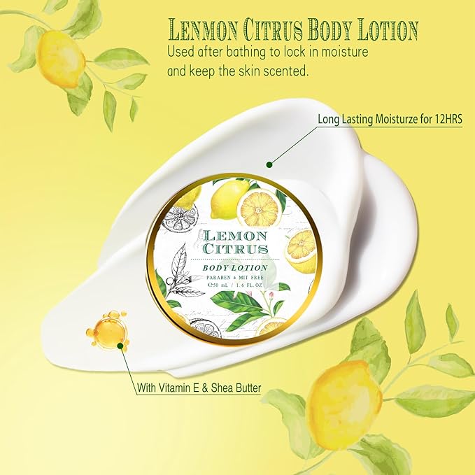 Bath Gift Set, Lemon Citrus Spa Gift Basket for Women, Includes Shower Gel, Bubble Bath, Body Lotion, Bath Frizzes 8 Pcs, Great Gift Idea for Her Birthday