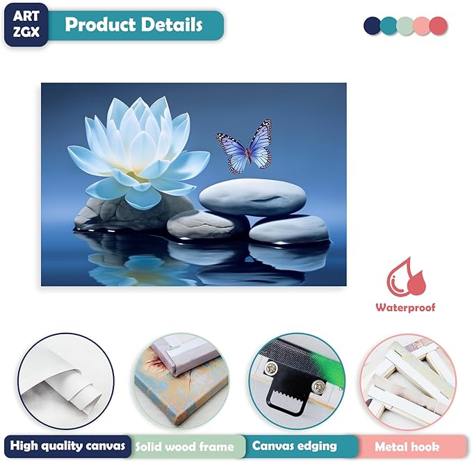 ARTZGX Blue Zen Wall Art Lotus Flower Canvas Spa Stone Pictures for Bathroom Wall Decor Meditation Butterfly Painting Frame(Zen - A 12.00" x 18.00")