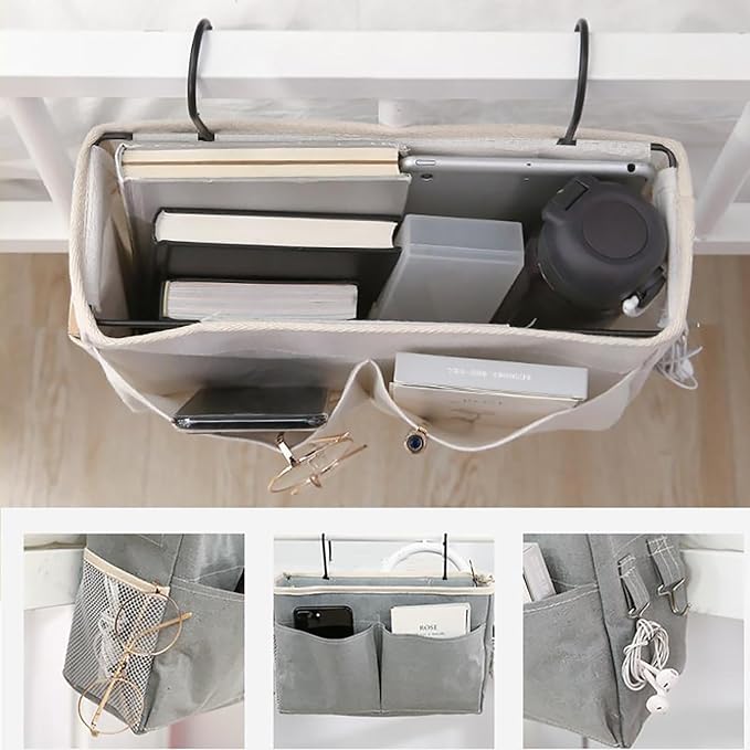 Bedside Caddy, Bedside Hanging Storage Organizer for College Dorm Bed, Bunk and Hospital Beds, Can be Placed Books, Phones,Keys, Glasses,Magazine Holder (Grey, 1)