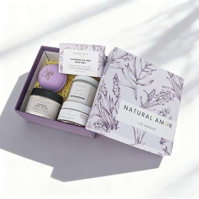 Natural Amor 5-Piece Lavender Spa Gift Set – Bath Bomb, Body Butter, Bar Soap, Bath Salt, Candle – Relaxing Self Care Kit for Women – Gift Box for Birthday, Thank You, Get Well