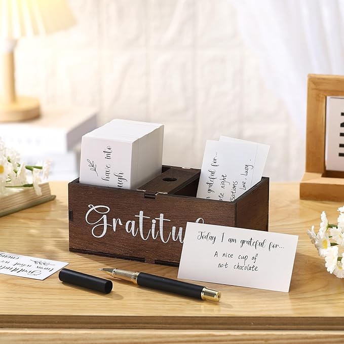 Clabby Gratitude Jar Thanksgiving Gifts Include 200 Cards 1 Pen 1 Blessing Jar Wood Box Practice Thankful Appreciation Gratitude Note Cards Kit for Families Friends Employee Coworkers(Dark Brown)