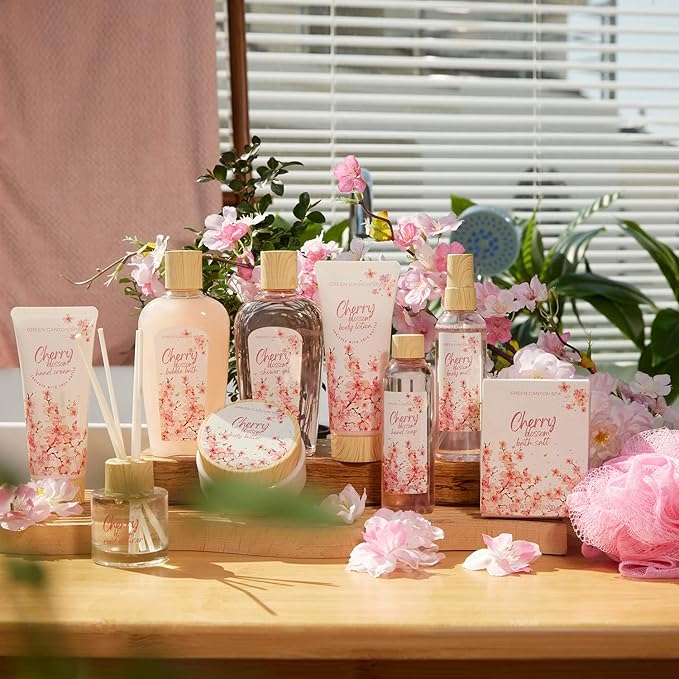 Green Canyon Spa Gifts Baskets for Women, 11pcs Cherry Blossom Spa Relaxing Gift Bags Sets with Shower Gel, Body Lotion, Christmas Birthday Gifts for Her, Mothers Day Gifts