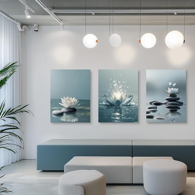 GELDSTEI Calm Zen Botanical Canvas Wall Art, White Lotus Blooming on Stones in Water Aesthetic Pictures, Yoga Spa Meditation Room Decor, Modern Spiritual Poster Prints for Zen Office Framed 16"x24"x3