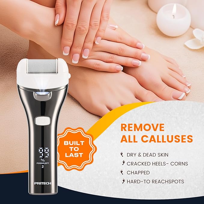 Electric Foot Callus Remover, Rechargeable Portable Electronic Foot File Pedicure Kit, Pedicure Tools for feet, 3 Roller Heads, 3 Speed, Battery Display for Remove Cracked Heels Calluses(BCM-1852)