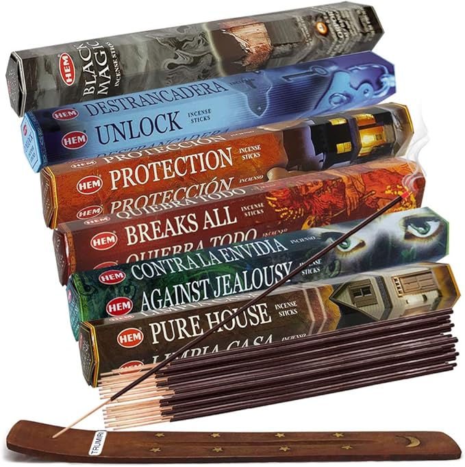 Hem Incense Sticks Variety Pack #21 and Incense Stick Holder Bundle with 6 Witchcraft Themed Fragrances