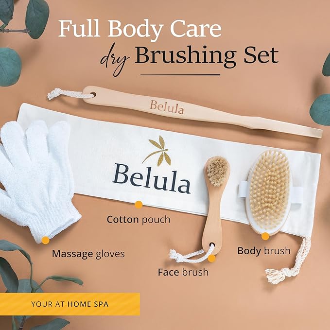 Belula Dry Brushing Body Brush Set - Natural Boar Bristle Body Brush, Exfoliating Face Brush & Bath Gloves - Ideal Dry Skin Brush for Lymphatic Drainage & Healthy Glowing Skin!