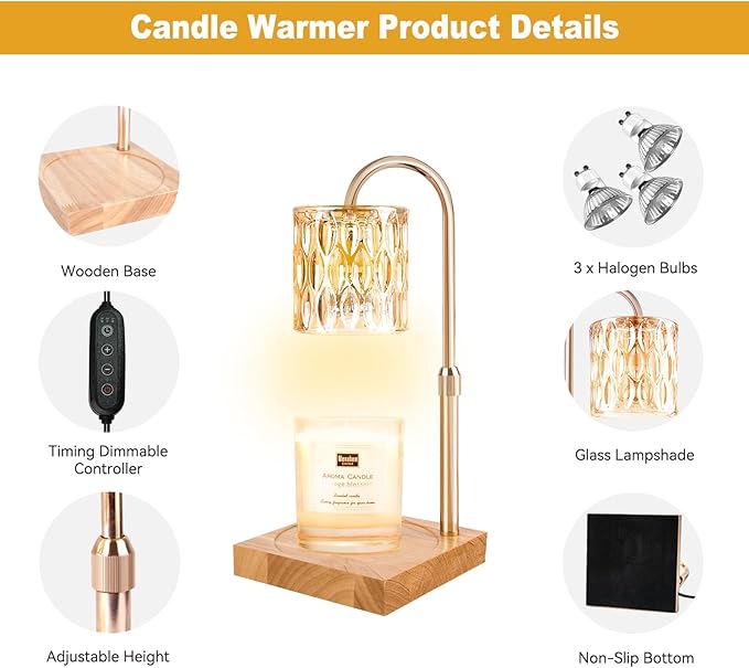 Candle Warmer Lamp, Candle Warmer Light with Timer & Dimmer, Candle Warmer Lamp Adjustable Height, Compatible with Jar Scented Candles, Candle Warming Lamp with 3 Bulbs for Home Decor